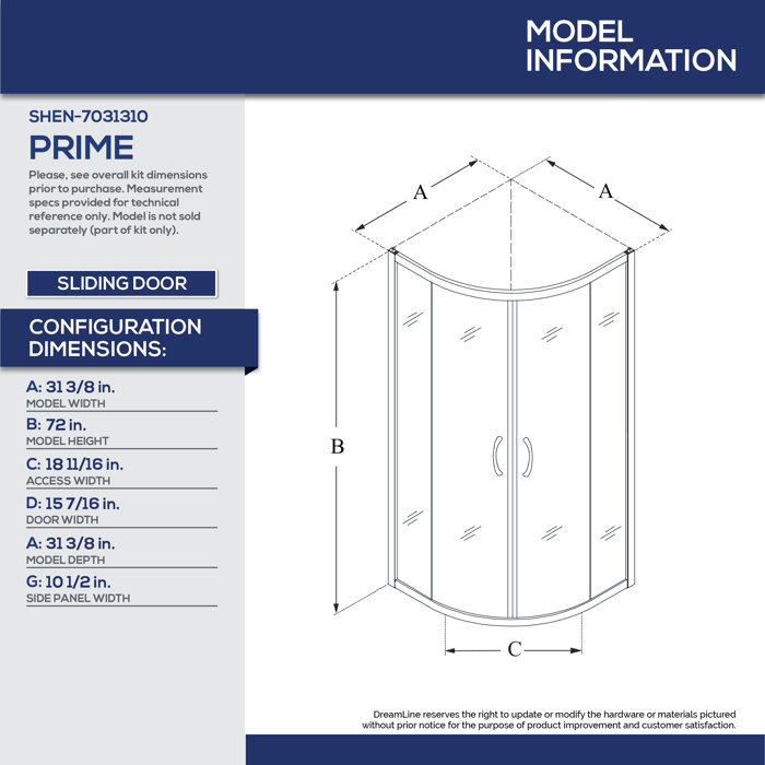DreamLine Prime 33" x 74.75" Round Sliding Shower Enclosure with Base